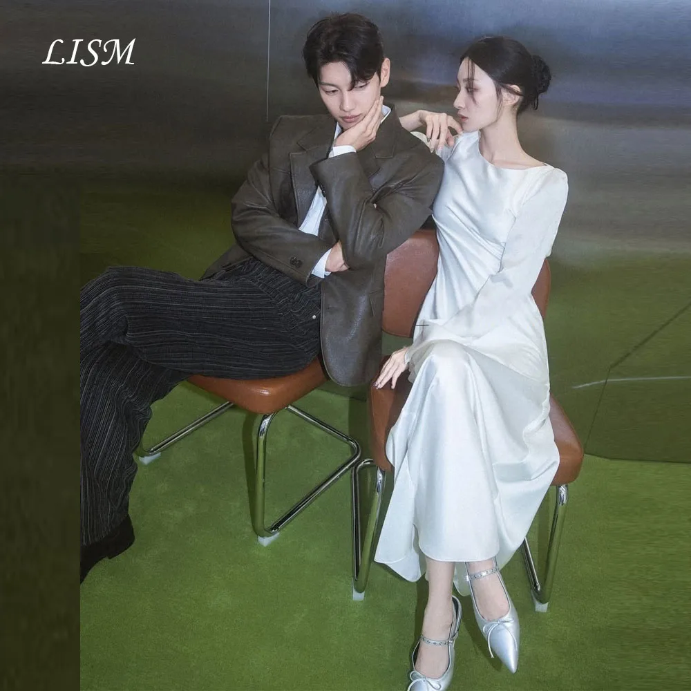 

LISM Элегантные свадебные платья с открытой спиной по индивидуальному заказу и длинными рукавами длиной до пола, мягкое атласное свадебное платье для фотосессии, вечернее платье для выпускного вечера