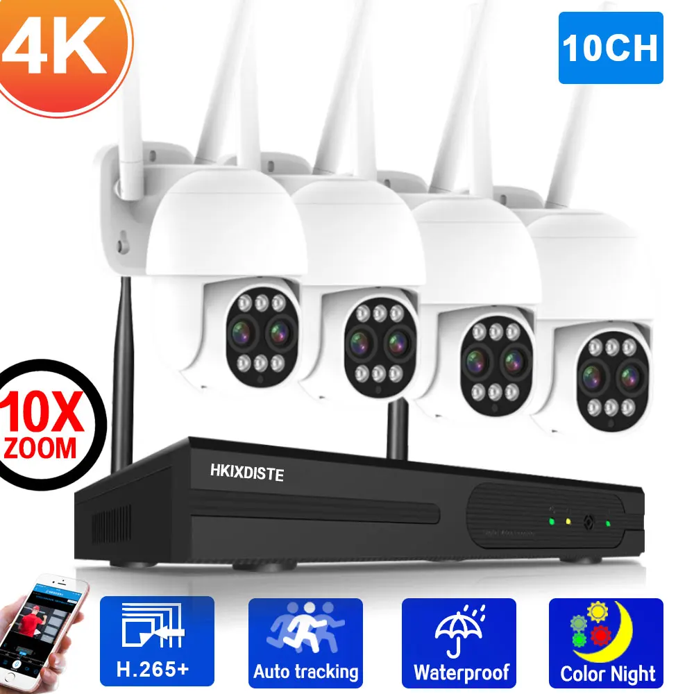 4 Channel Wifi CCTV Camera Security System Kit 4K 10CH Wireless NVR Kit 10X Zoom Dual Lens PTZ IP Camera Video Surveillance Set