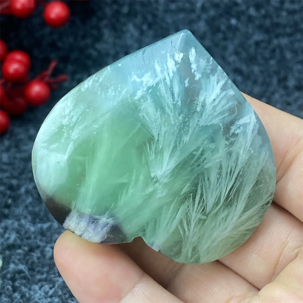 Natural Rare Feather Fluorite Hand Polished Crystal Heart Shape Polished Power Gemstone Holiday Gift Home Decor