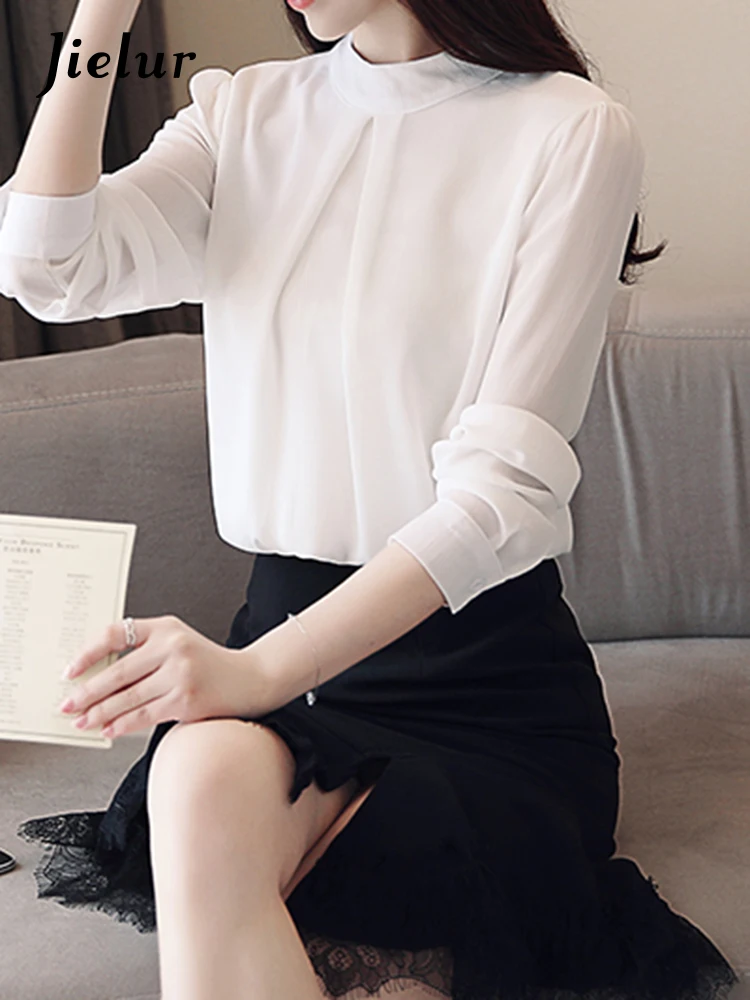 Jielur New Solid Color Slim Ladies Women Blouse Casual Fashion Elegant Blouse Woman Black and White Long Sleeve Chiffon Top