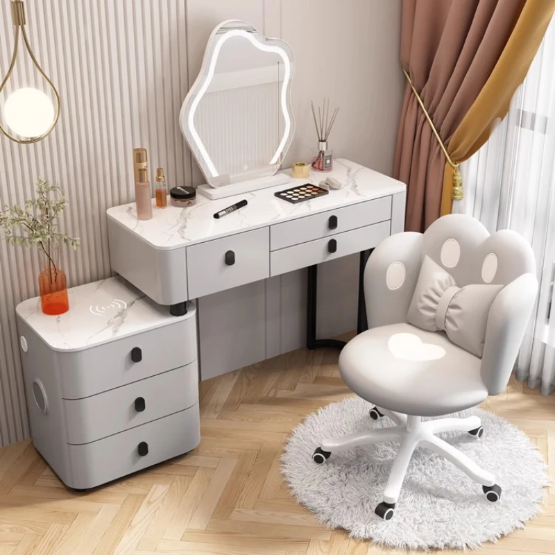 

Cream Luxury Storage Vanity Desk Mirror Light Cute Dorm Bedroom Vanity Desk Makeup Drawers White Coiffeuse Furniture For Home