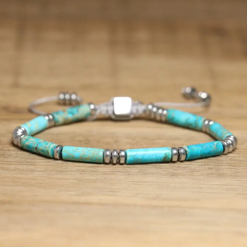 Bracelet en pierre empereur bleu Turquoise 4x13mm, pour femmes et hommes, bijoux de guérison de Yoga, tressé à la main, cadeau d'anniversaire de fête