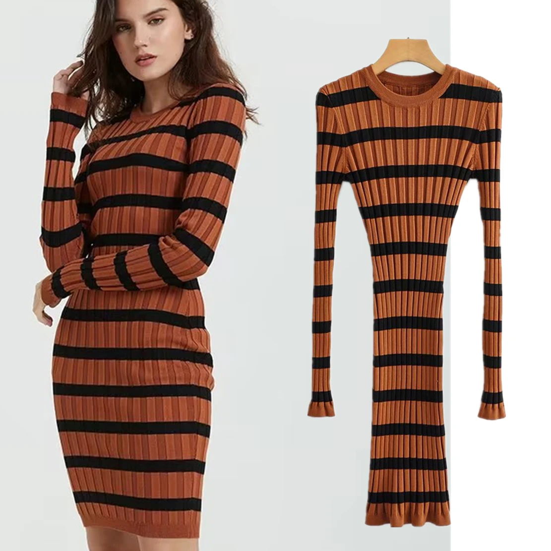 Maxdutti Vintage Striped Fashion Knitted Dress Sexy Sheath Mini Dress Women