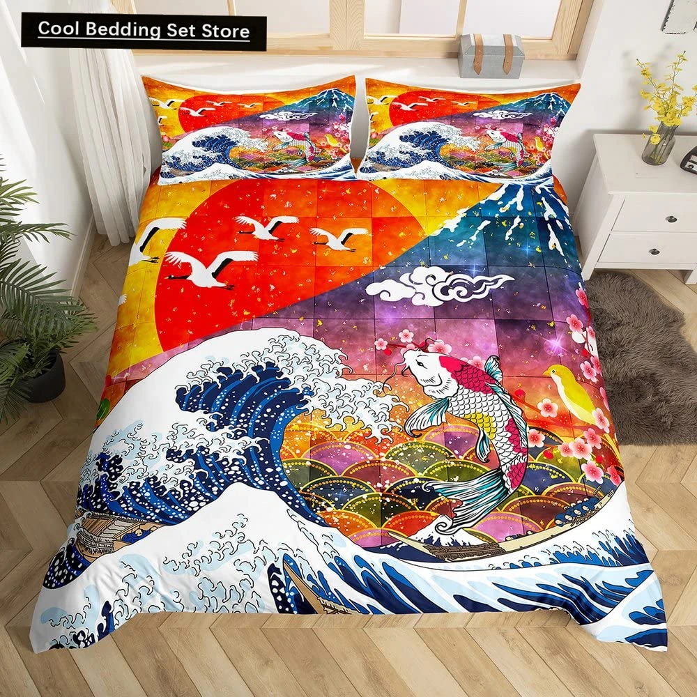 Japanese Ukiyo-e King Queen Duvet Cover Golden Fish Hokusai Bedding Set Crane Wave Quilt Cover Red Sun Polyester Comforter Cover