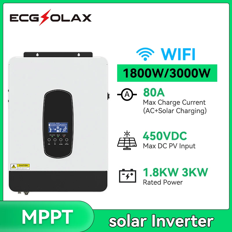 

ECGSOLAX Hybrid Solar Inverter 3KW 1.8KW 12V/24V Inverter Off Grid Built in 80A MPPT Controller Pure Sine Wave 450VDC with wifi