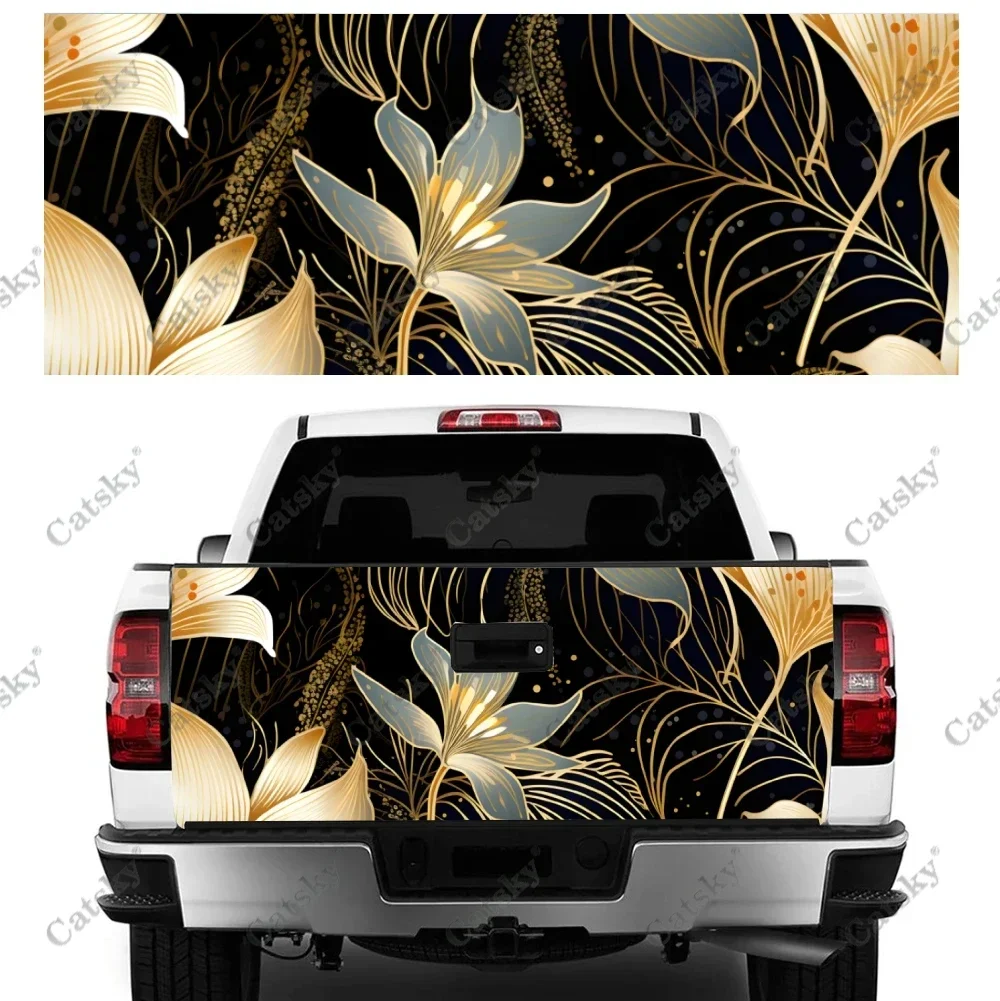 Golden Antique Floral Pattern Truck Tailgate Wrap Professional Grade Material Universal Fit for Full Size Trucks Weatherproof