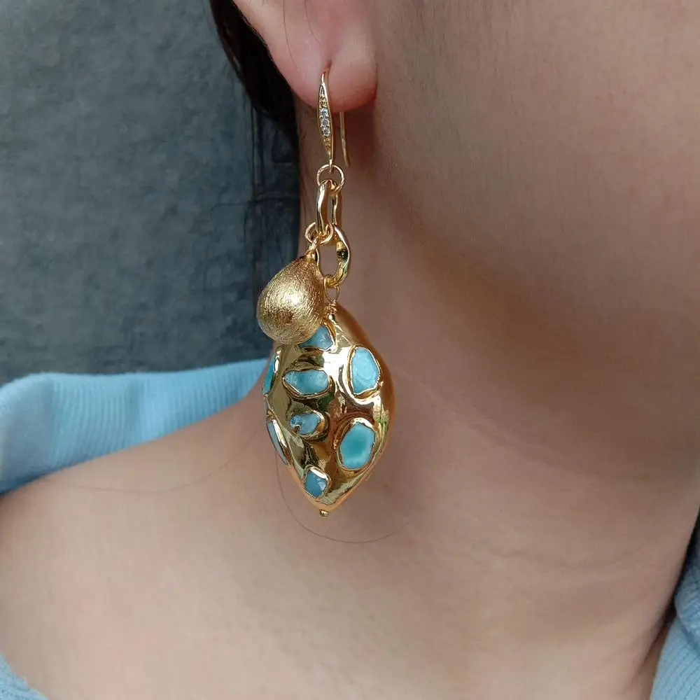 YYGEM 25x34mm Natural Blue Larimar Dangle Hook Earrings Gemstone Earrings Women