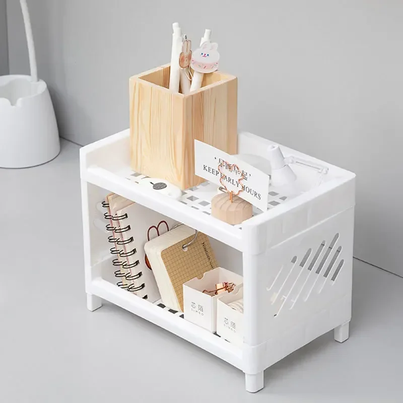 1PC PP Desktop Double Layer Storage Rack Rectangular White Organizing Student Desk Office Cosmetics Stationery