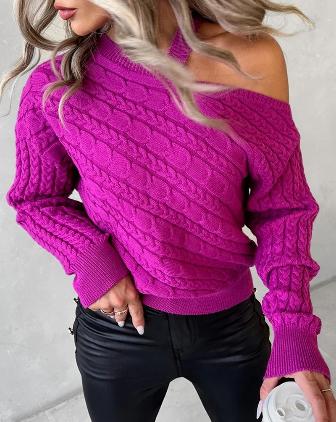 Autumn and Winter Pullover Women's Top 2023 New Hot Selling Fashion Long Sleeve Oblique Neck Cold Shoulder Wired Knitted Sweater