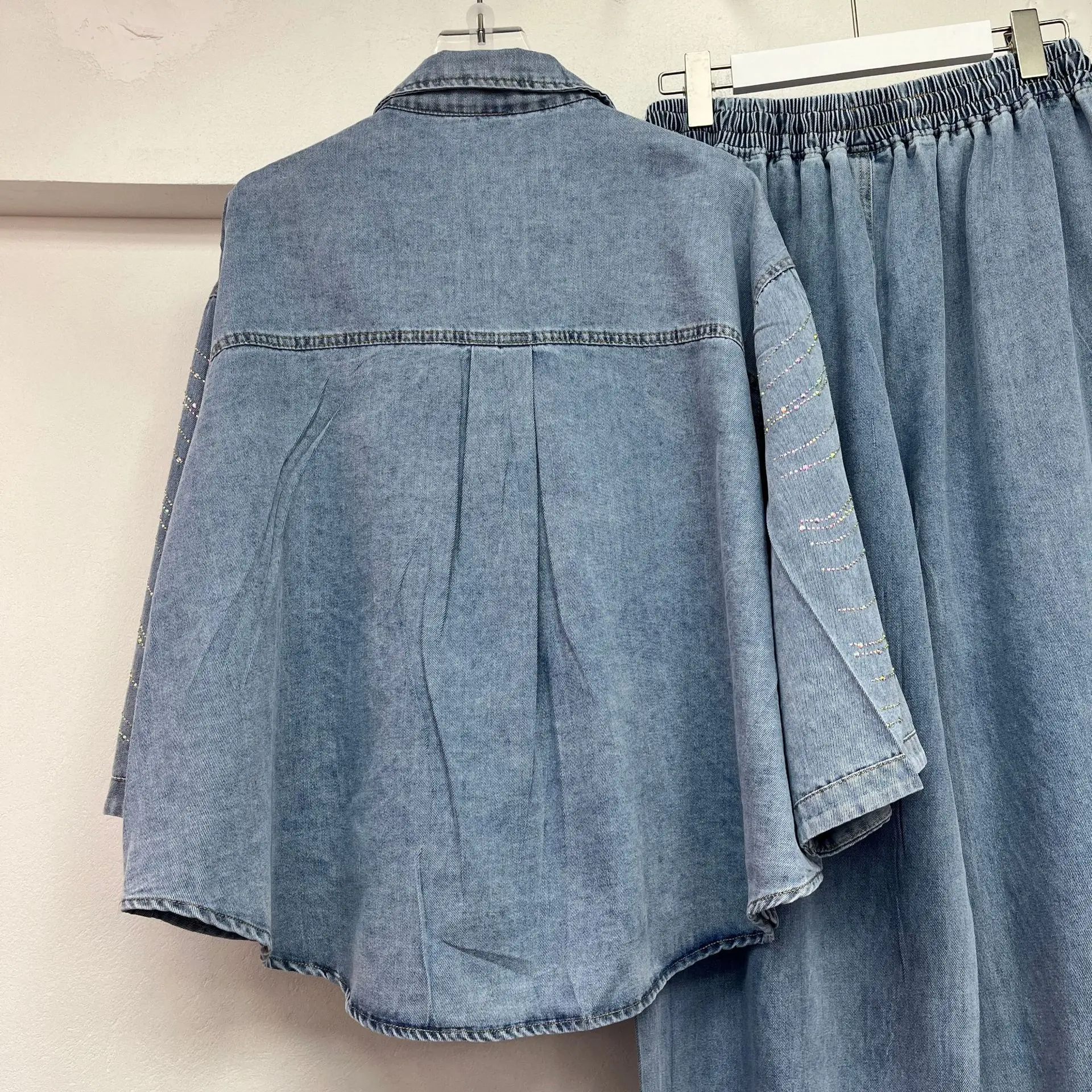 Women Wave Rainbow Diamonds Beaded Denim Shirts Jeans Blouse Drilling Cowboy Rhinestones Cardigan Tops + Elastic Shorts 2Pcs Set