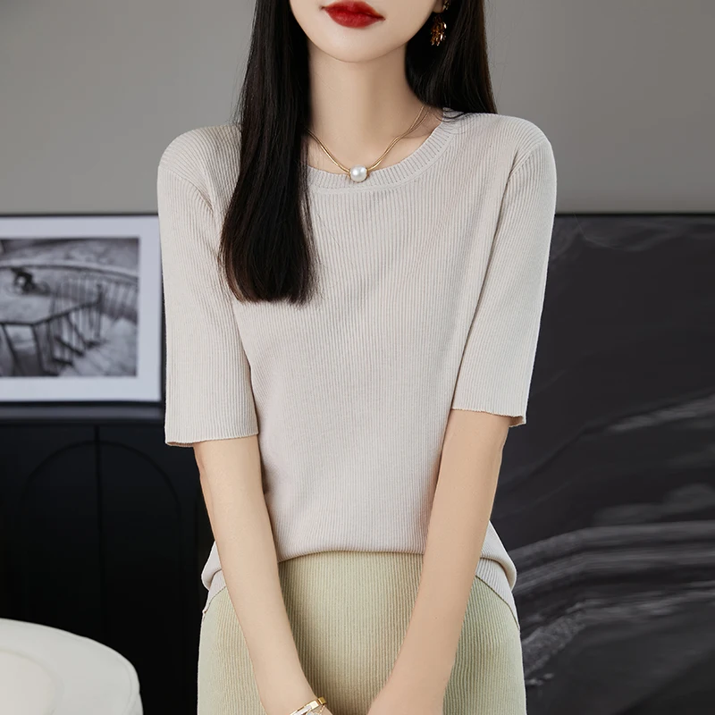 Women Silk Knit Thin Tops 2024 New Classic Summer Wild Short Sleeve T-shirts Female Slim Fashion O-neck High-grade Basic Shirt