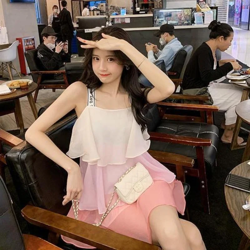 

Summer New Sleeveless Gradient Mini Dress Patchwork Chiffon Pink Off Shoulder All-match Slip Dress Sweet Fashion Women Clothing