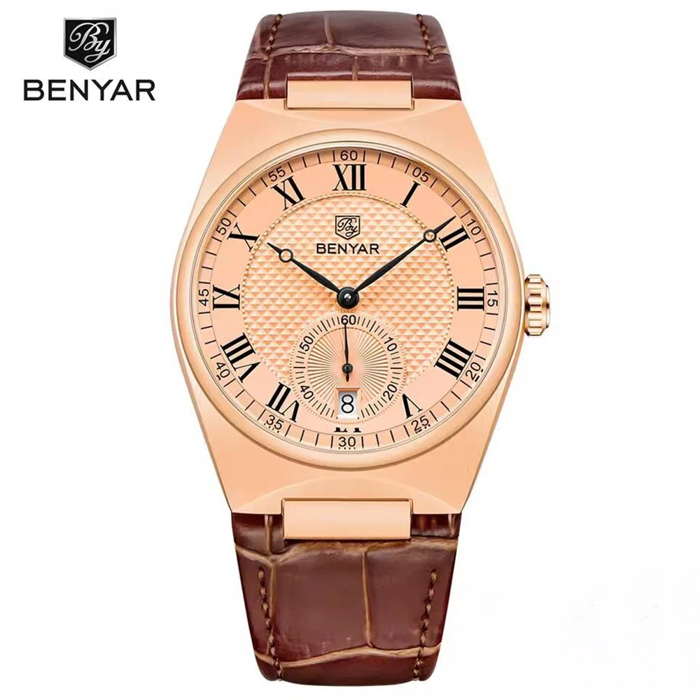 BENYAR 2026 New Top Brand Luxury Gold Quartz Watch For Men Original Sports Waterproof Military Leather Reloj Hombre