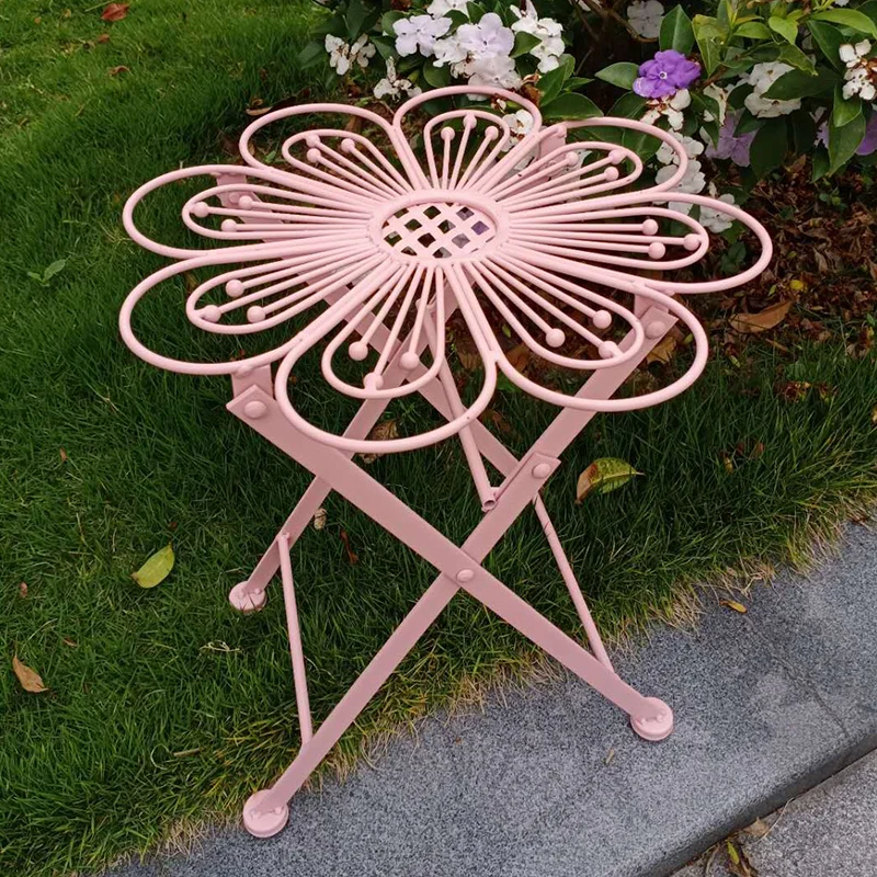 Vintage Wrought Iron Folding Table with Floral Design Garden Mini Side Table European Plant Stand Do Old Metal Balcony Decor
