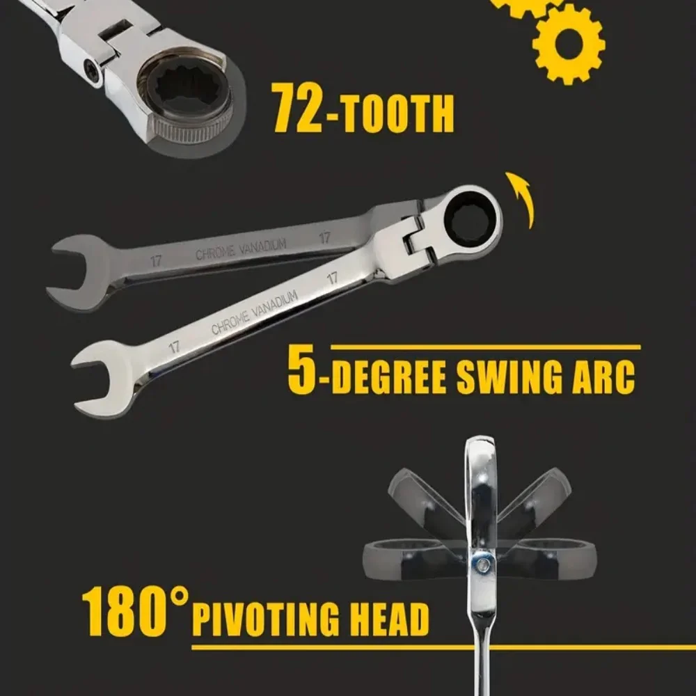 15PCS Metric Ratchet Wrench Set, 6-17mm 72-Tooth Ratcheting Wrench Set, Chrome Vanadium Steel Combination Wrenches, 12 Ratchet Wrenches + 3 Multi-Function Wrenches for Auto Repair Garage DIY