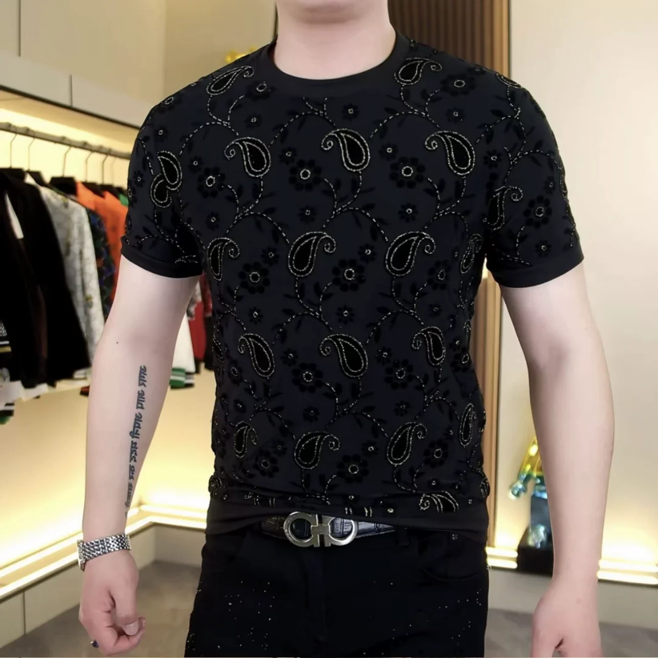 Paisley Bronzing Classy T Shirt For Men Short Sleeve Coolness Ice Summer Quality Soft Comfortable Trendy Tee Camisetas De Hombre