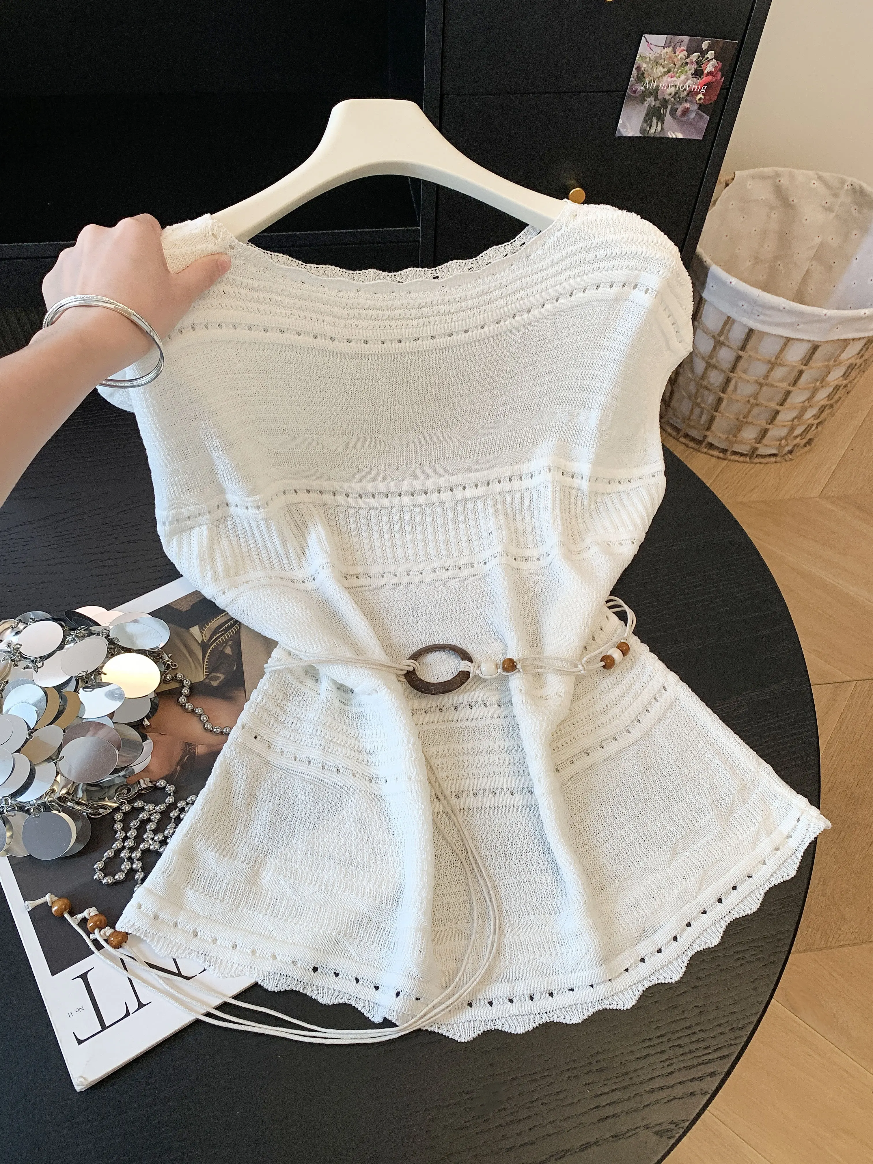 

Ladies' Slim Fit Hollow out One Shoulder Knitted Top Belted Summer Style Korean Straight Cut Silk Blend Casual Wear