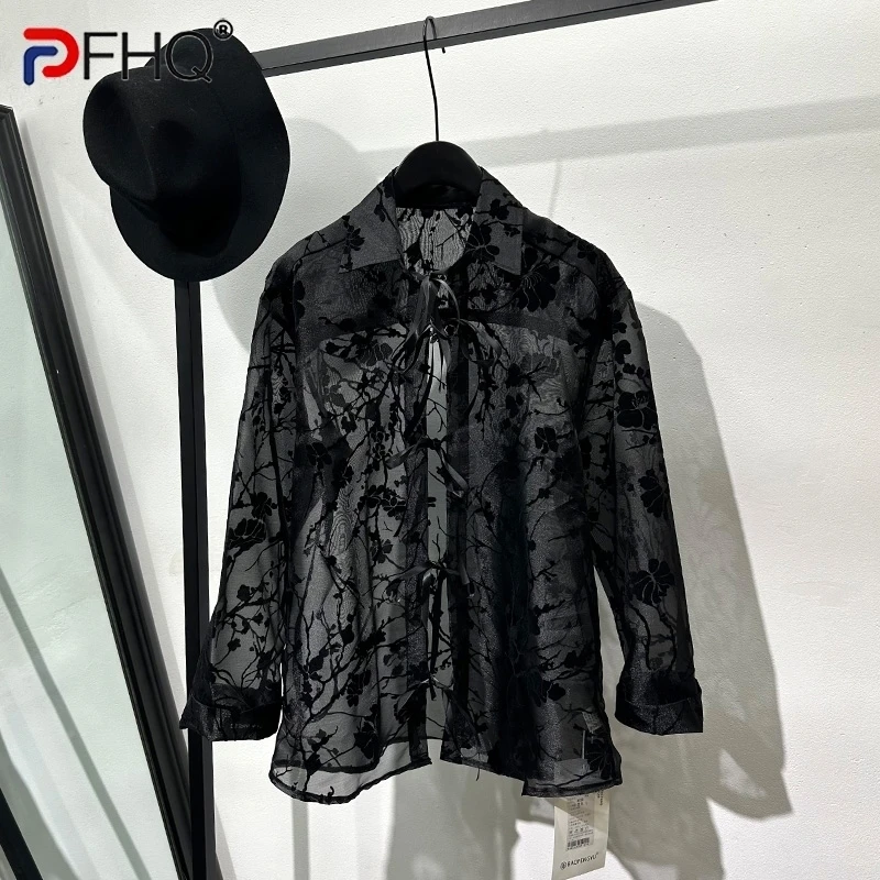 PFHQ Summer Male Sexy Shirts Thin Breathable Sun Protection Tops Niche Transparent Print Ribbon Long Sleeve Organza New 21Z4891