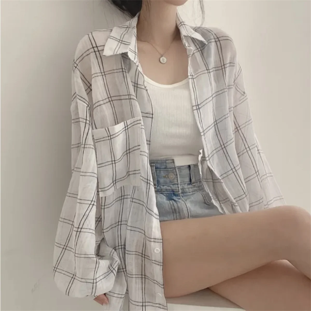 세련된 여름 레저 격자 무늬 긴 소매 태양 보호 코트 빈티지 여성의 느슨한 맞는 캐주얼 얇은 카디건 한국 스타일 복장