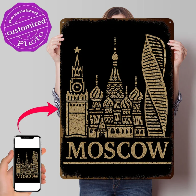 Moscow Skyline Illustration Poster Retro 3D Printed Metal Signs Customized Wall Hanging Gift for Decoration At Home House Decor