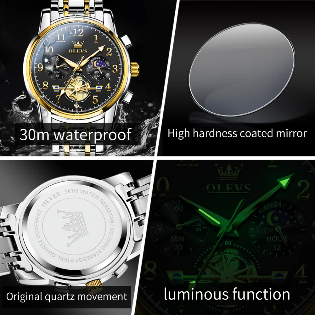 OLEVS Brand Moon Phase Men Watches Stainless Steel Waterpoof Luminous Fashion Skeleton Chronograph Quartz Wristwatch for Men NEW