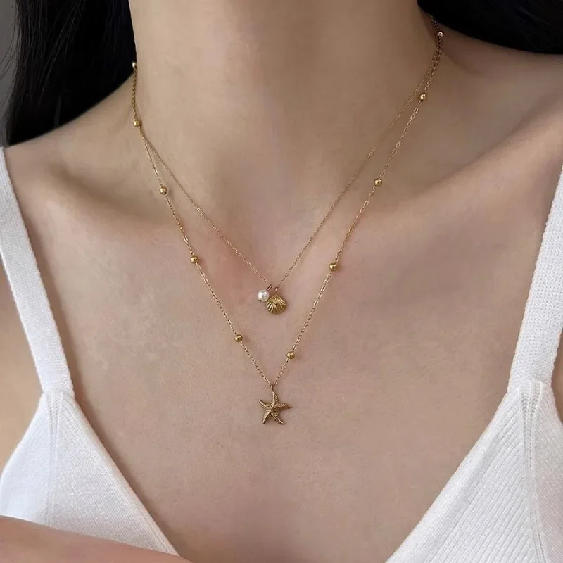 Charm Necklace for Women, Boho 18K Gold Plated Stainless Steel Starfish Shells Beaded Double Chain Necklaces for Mom Best Friend