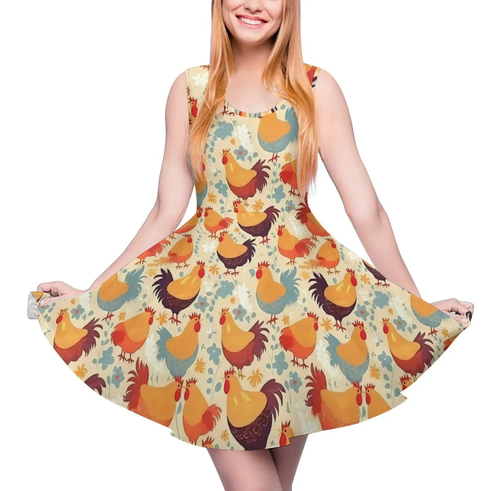 Cheerful Chickens Dress Cute Animal Night Club Dresses High Waist Street Wear Custom Skate Dress Summer Oversize Clothing