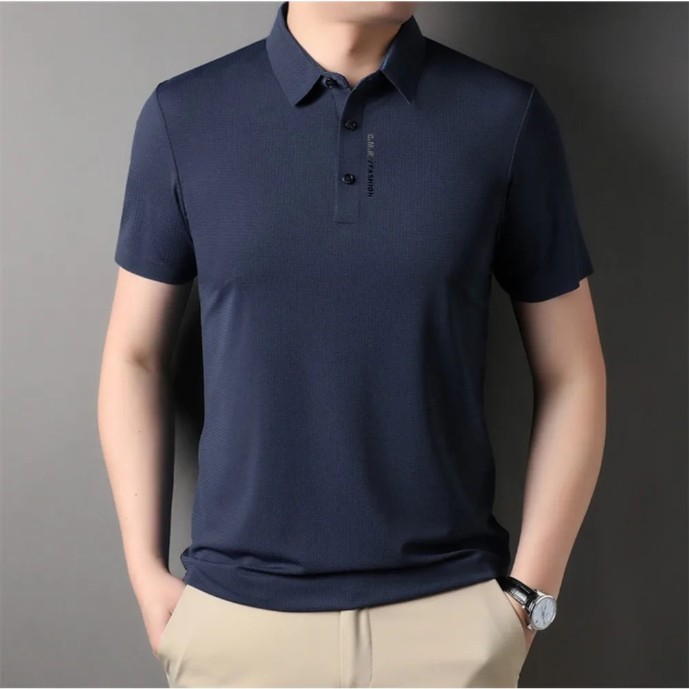 Stereoscopic Wrinkle Resistant Ice Silk Short Sleeve T-shirt 2024 Summer Lapel Loose Casual Solid Color Tops High-end Polo Men\'s