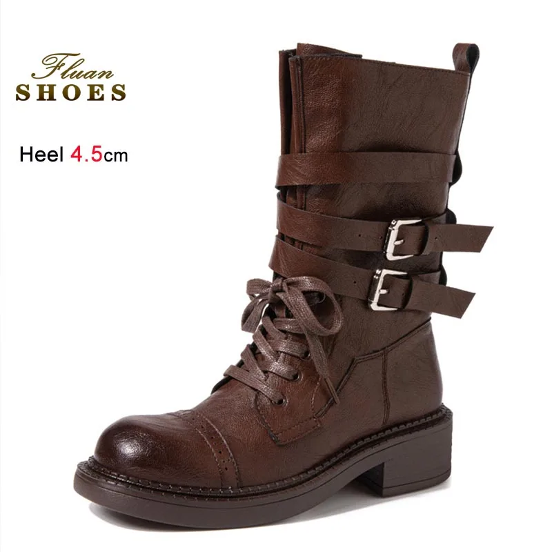 

Осенне-зимние новые ботинки до середины икры, женские короткие ботинки на толстой подошве и грубом каблуке со шнуровкой, мотоциклетные ботинки с кожаной пряжкой в британском стиле