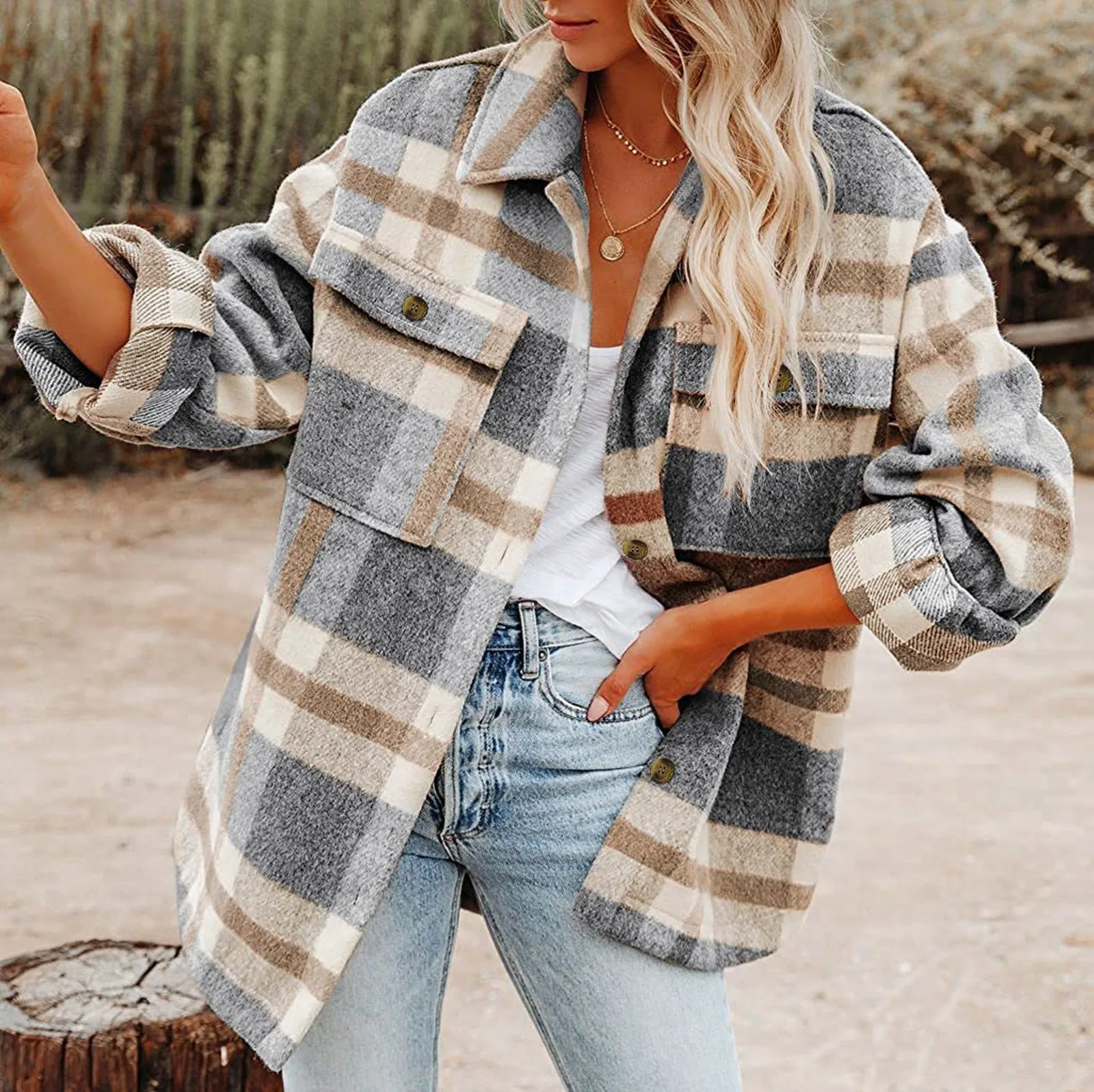 

Women Plaid Jacket Autumn Winter Overshirt Female Long Sleeve Shirt Loose Jacket Tops Casual Fashion Flannel Button Lapel Coat