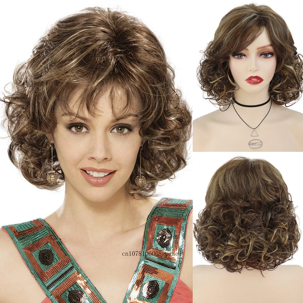 

Mix Brown Wig Synthetic Hair Bob style Short Fluffy Curly Wig with Bangs for Women Ladies Daily Cosplay Mommy Wig Heat Resistant