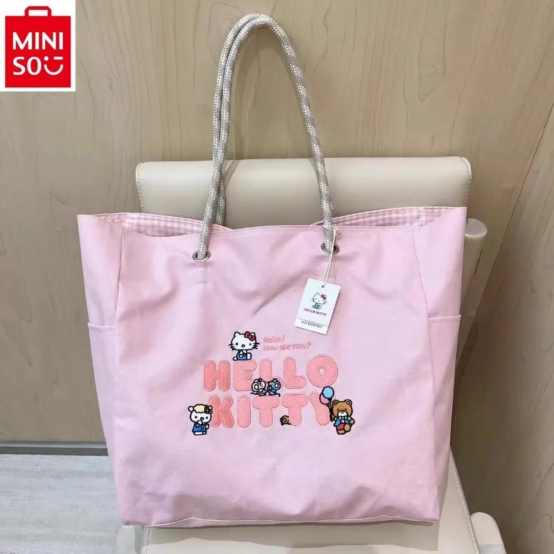 MINISO 2024 Fashion New High Quality Embroidered Hello Kitty Cartoon Handbag for Women, Sweet and Versatile Storage Bag