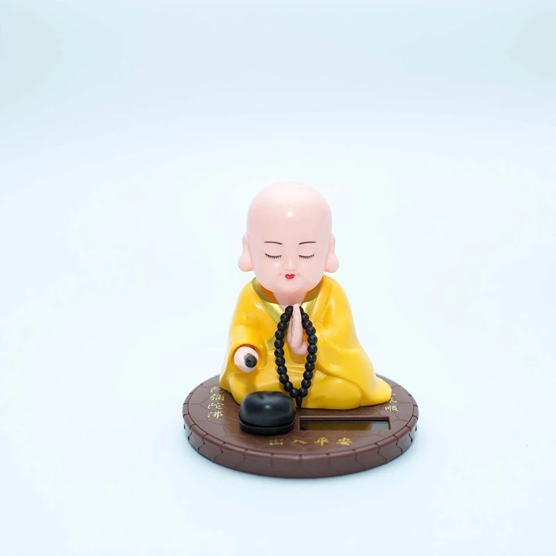 1Pcs Solar Small Monk Nodding Knocking Wooden Fish Toy Ornaments Car Centre Console Ornament Desktop Home Figurines Decorative