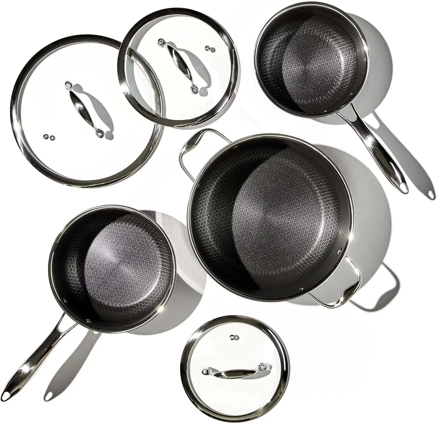 

FREE SHIPPING.HexClad Hybrid Nonstick 6-Piece Pot Set with Trivets, 2, 3, and 8-Quart Pots with Tempered Glass Lids, 2 Silicone