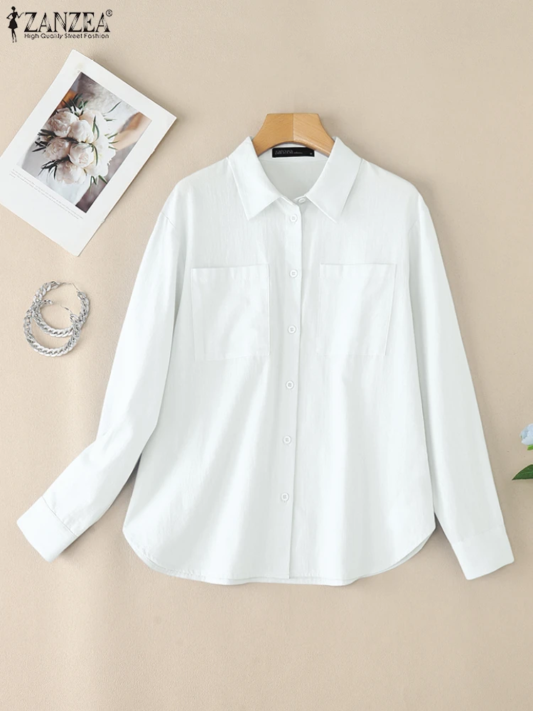 

ZANZEA Women Casual Shirts Streetwear Long Sleeve Collared Button Up Cotton Chemise Femme Oversized Solid Color Overshirts
