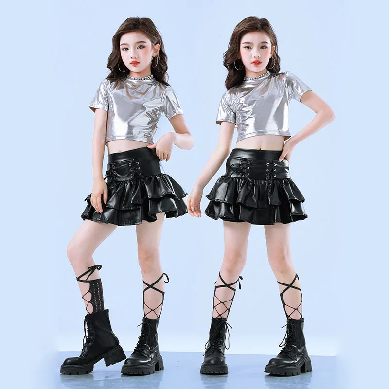 

Kid Kpop Hip Hop Clothing Silver Bright Crop T Shirt Top Black Faux Leather Lace up Layered Skirt for Girl Dance Costume Clothes