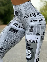 New Trend Women Newspaper Print Butt Lifting Pants 2025 Summer Femme Anime High Waist Skinny Trousers Sporty Lady Clothing