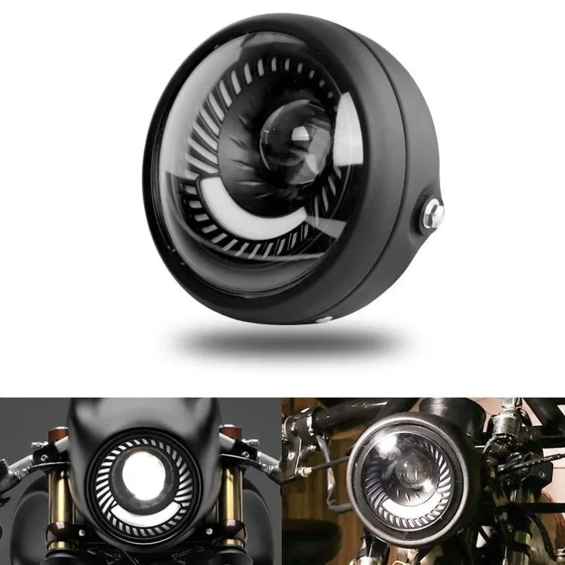 

Universal 6.5" Motorcycle Led Headlight DRL Angel Eyes, H4 Spiral White Headlamp for Cafe Racer Bobber, with Side Mount Bracket
