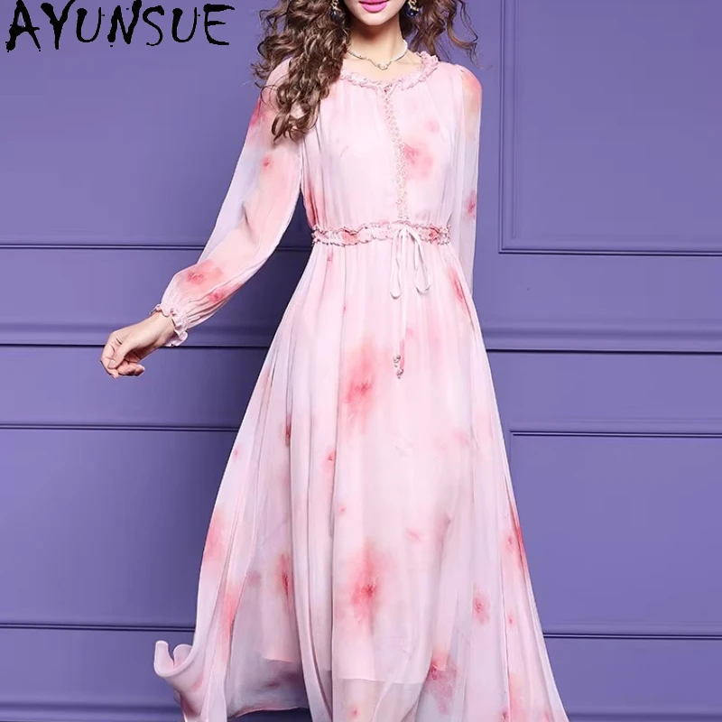 AYUSNUE Luxury 100% Natural Mulberry Silk Party Dress Elegant Dresses for Women Summer Clothes Fashion Long Dress Vestidos Mujer