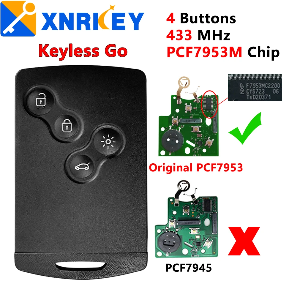 XNRKEY 4B Smart Card Car Key PCF7953/4A Chip 433Mhz for Renault Clio 4 Captur Passive Keyless Go Entry Remote HandsFree System