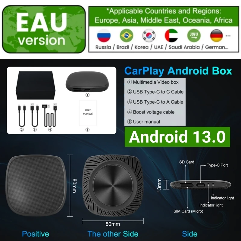 Android 13 ワイヤレス CarPlay Ai ボックス QCM6115 8 コアサポート