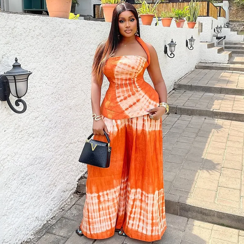 

Tie Dye Print Loose Casual Summer 2 Piece Set Women Sexy Strapless Lace Up Halter Backless Tank Top + Wide Leg Pants Street Suit