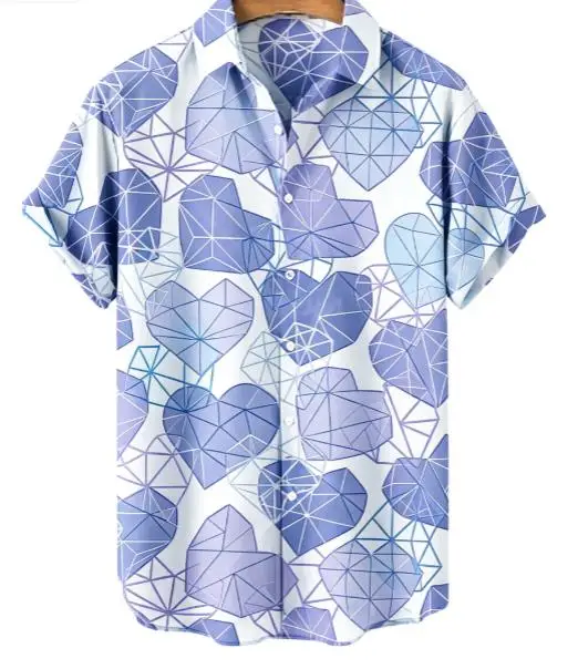 Gradient Polygon Heart Line Art Pattern Unisex Short Sleeve Blouse Camp Collar Loose Vacation Shirt