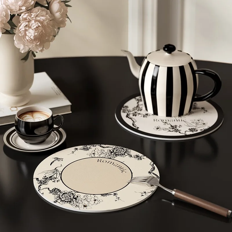 Round Leather Placemat for Coaster,Black and White,Floral Table for Glasses,Tea and Coffee Dishes,Light and Luxury