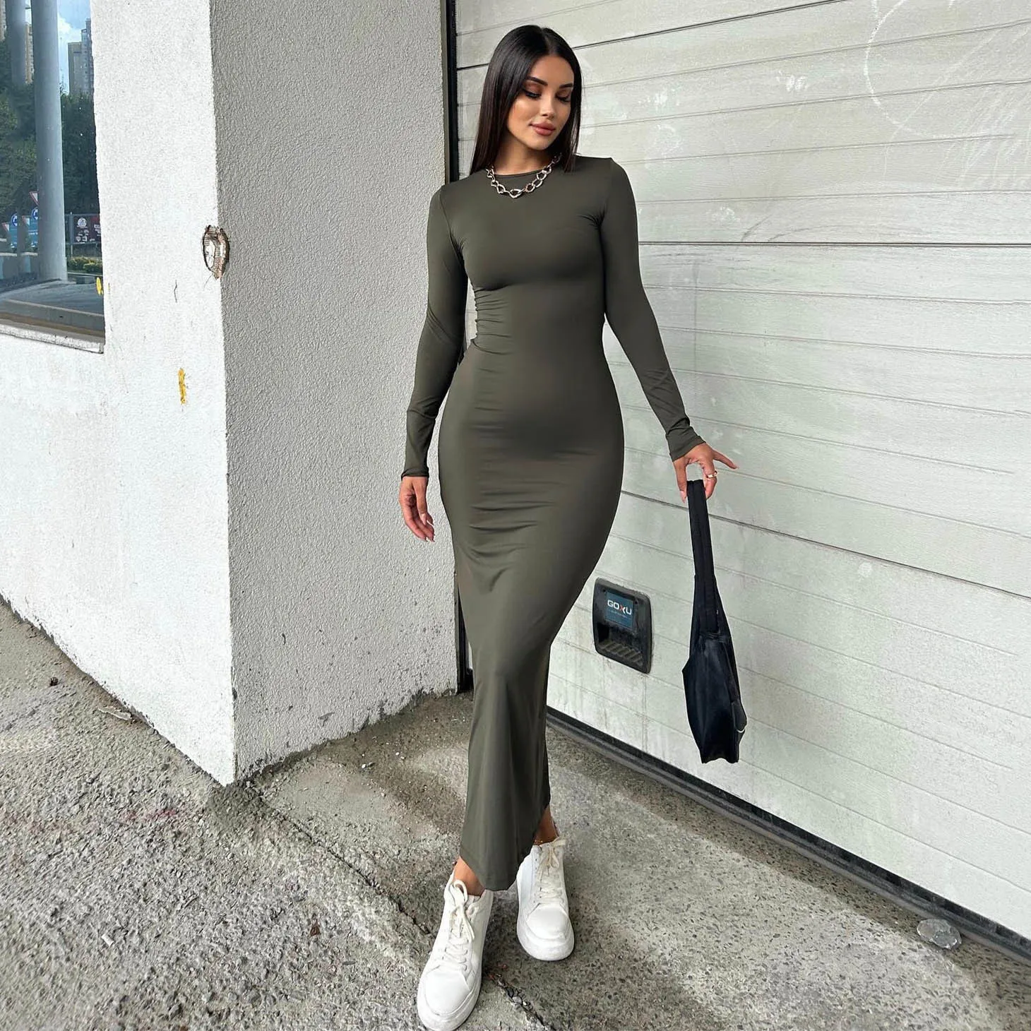 

New Tight Women's Autumn Dress With Long Sleeves Robe Slim Women's Long Skirt Basic Solid Color Autumn O-neck Party Vest Robe