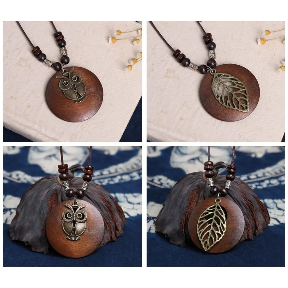 Wooden Gifts Vintage Leather Lanyard Female Jewelry Neck Accessories Sweater Chain Necklace Clothing Pendant Sweater Necklace