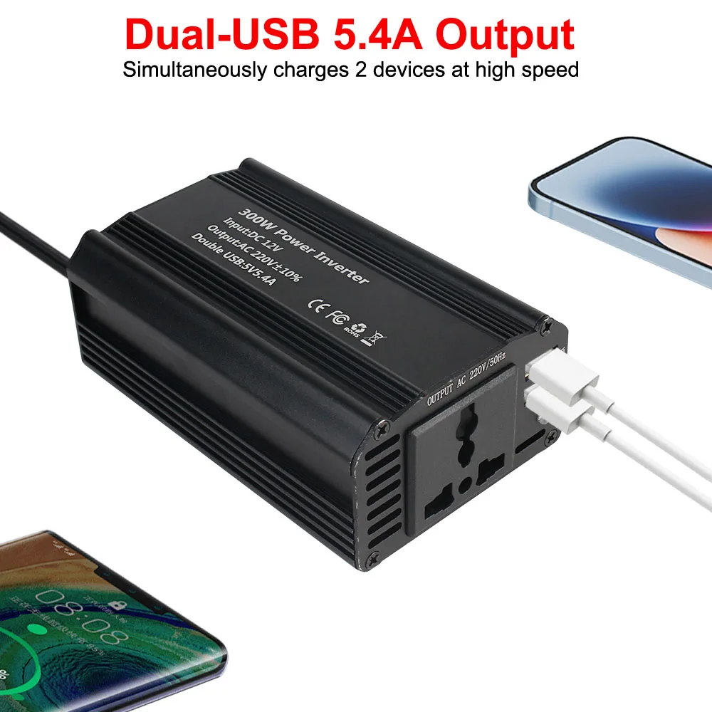 300W Power Inverter with 5.4A Dual USB 600W Peak Power DC 12V to AC 220V Car Inverter for Mobile Phone Laptop Tablet Charger