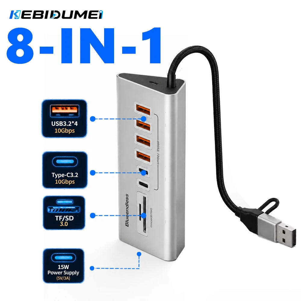 KEBIDUMEI USB 3.2 HUB 10Gbps 8 Port Docking Station USB-C 3.2 Splitter PD 15W Data Transfer Adapter SD TF 3.0 Card Reader For PC