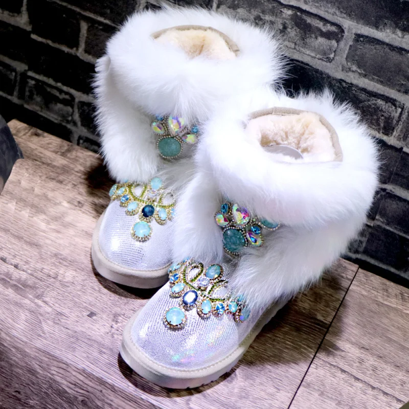 White fox hair hand custom winter plus fleece warm boots Rhine-diamond winter fur one-piece boots women\'s large size 35-44