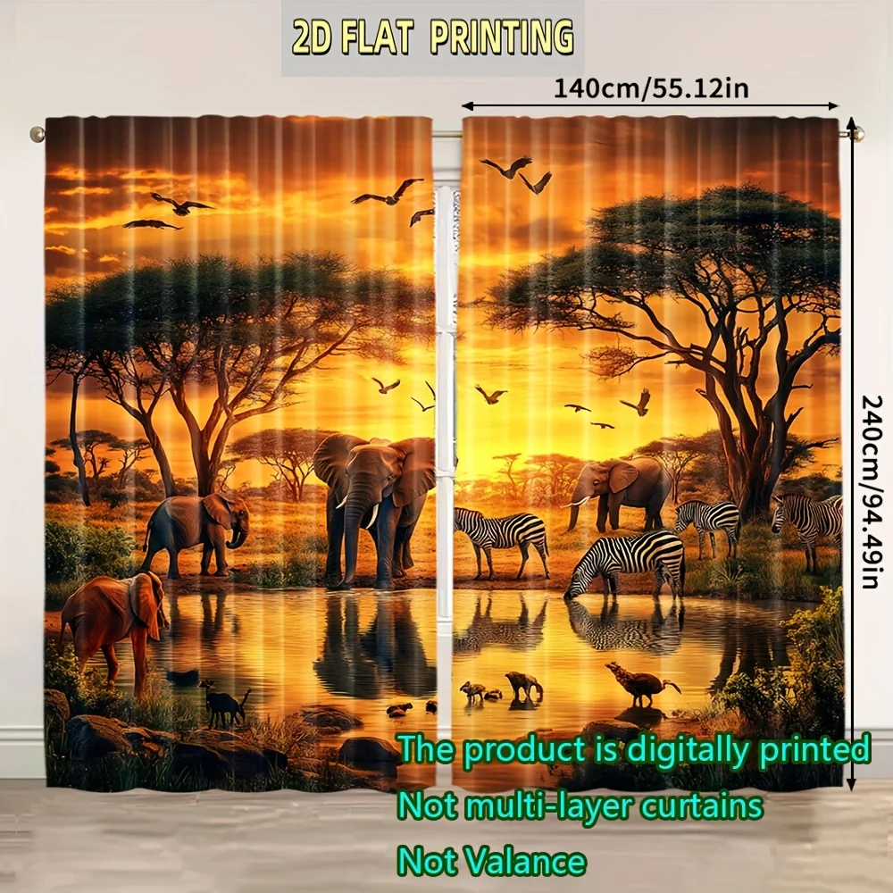 2pcs African Safari Sunset Curtains Blackout Drapes for Living Room Wildlife Decor Elephant Zebra Print Window Treatment Panels